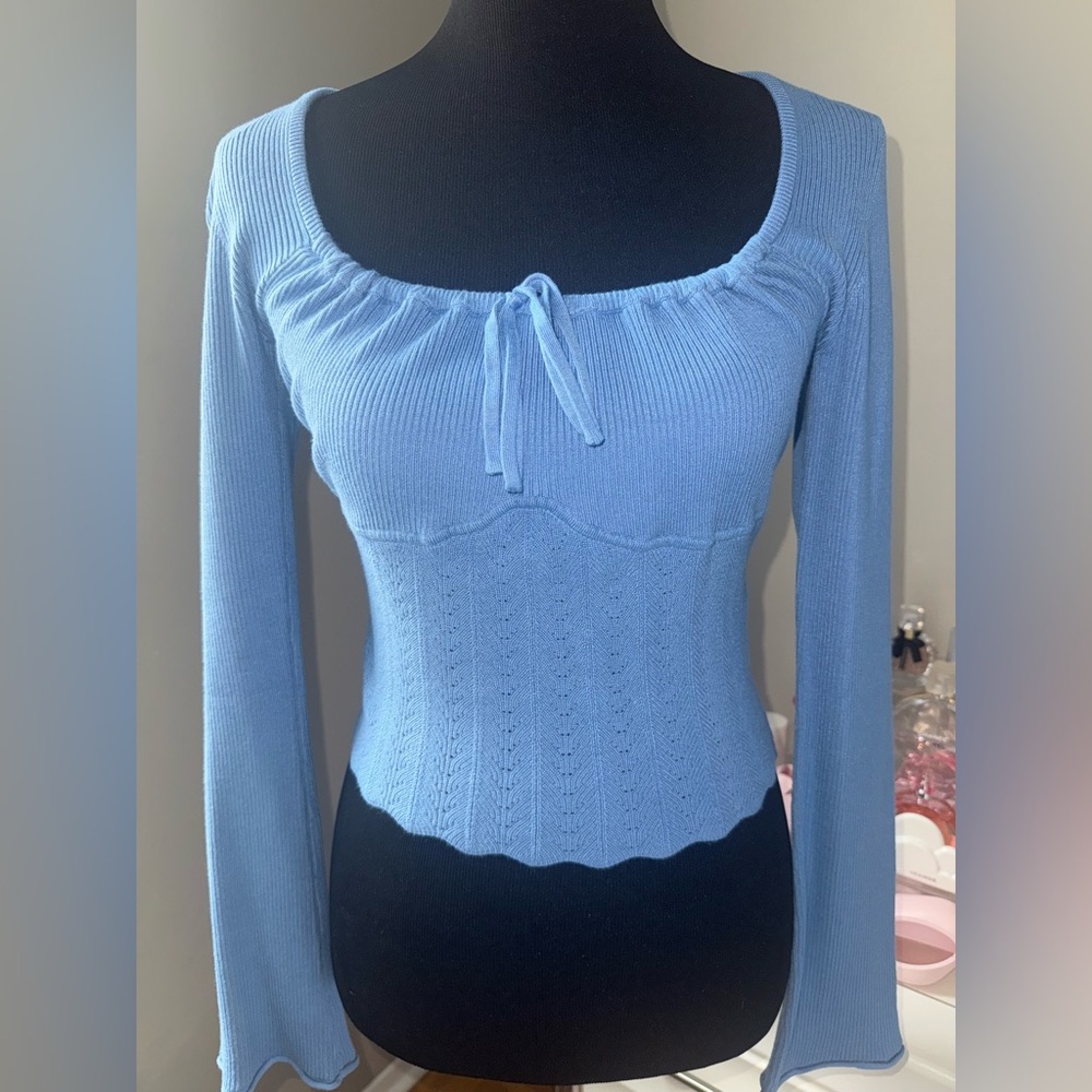 GARAGE Blue Ribbed Knit Long Sleeve Tie-Front Top | SIZE L